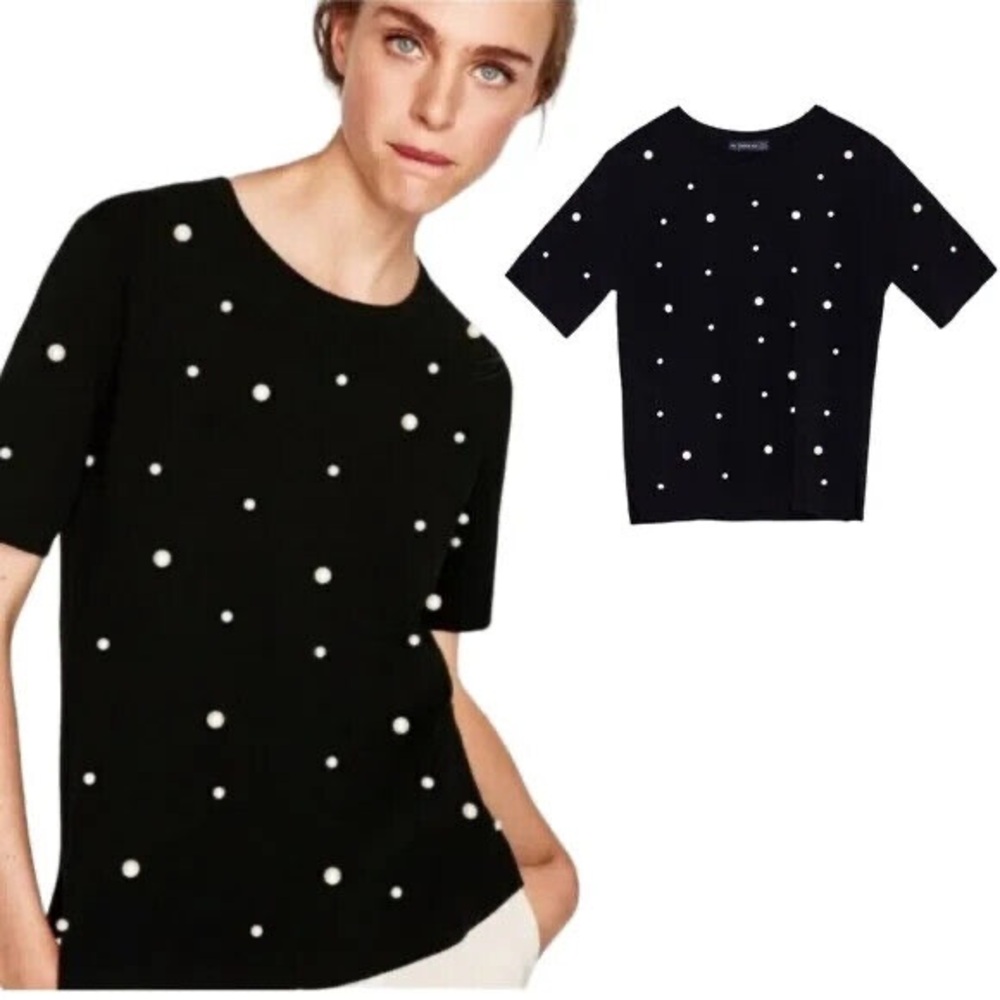 Zara Knit Black Faux Pearl Embellished Short Sleeve Crewneck Sweater Top Size L